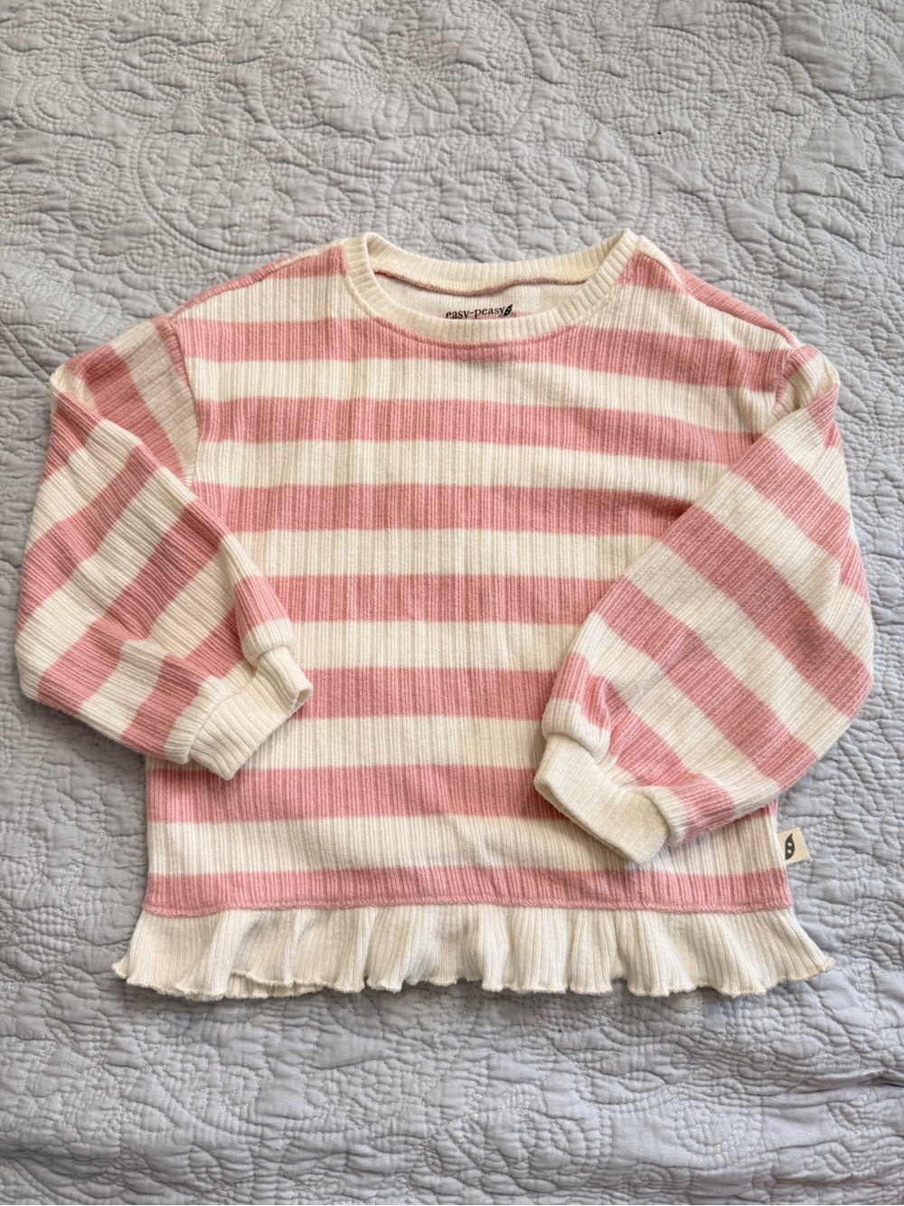 Easy Peasy Striped Pink & White Ruffle-Hem Long Sleeve Kids Top